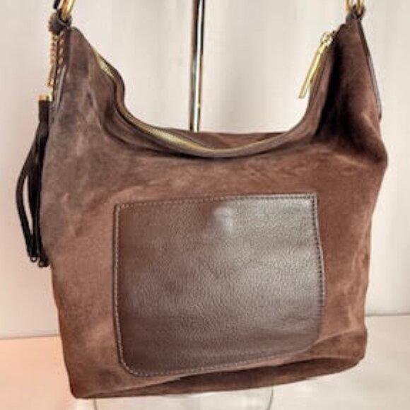 Michael Kors AUTHENTICATED Brown Suede Leather Hobo Bag Gold Chain Tassel Boho - Picture 4 of 15